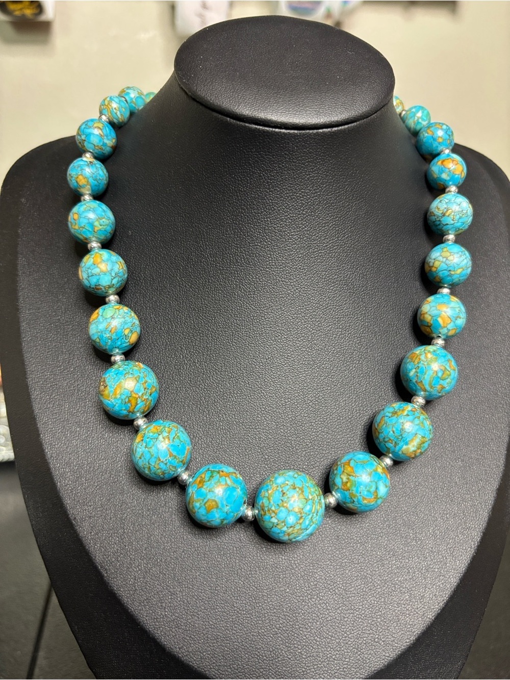 Boho Turquoise Bead Statement Necklace - Blue & Gold Silver Tone